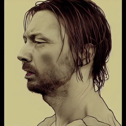 Image similar to hyper realistic portrait of similar version thom yorke shorter hair variations singer songwriter ok computer, ( side ) profile, liminal space, by lee bermejo, alphonse mucha and greg rutkowski