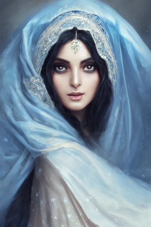 Image similar to ameera al taweel, bright blue eyes, long wavy black hair, white veil, front closeup, cinnamon #b57e59 skin color, highly detailed, centered, oil painting, artstation, concept art by tom bagshaw