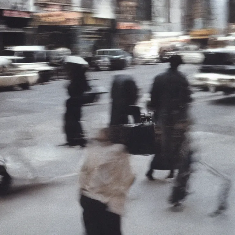 Prompt: analog medium format film motion blur portrait of walking man in harlem, 1 9 6 0 s hasselblad film street photography, featured on unsplash, photographed on vintage expired colour film