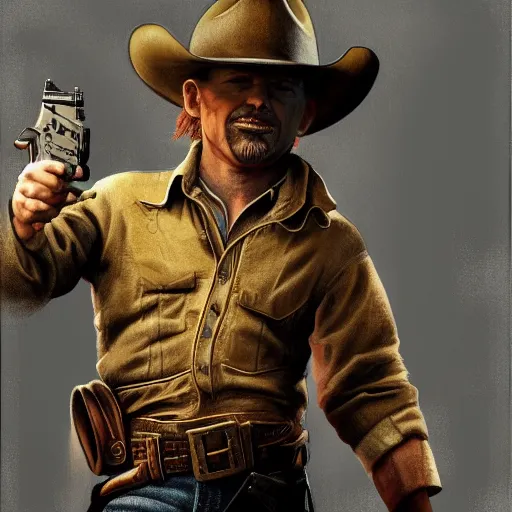 Image similar to a man in a cowboy outfit holding two guns, concept art by Tony DiTerlizzi, cgsociety, american realism, xbox 360 graphics, prerendered graphics, concept art