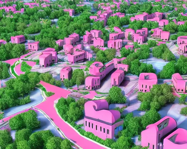 Prompt: turkey! - hungary! khaganate in 2 0 3 3 year, with futuristic! buildings, with pink! and green! trees around buildings, highly detailed digital art