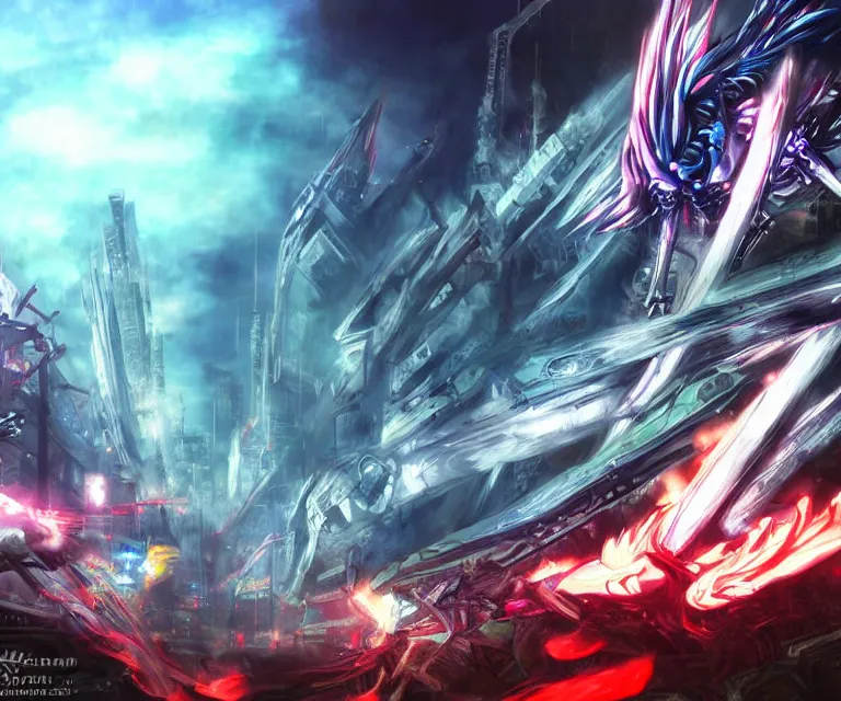 Prompt: neo tokyo, dark fantasy, xenoblade chronicles, concept art, video game, phoenix flames