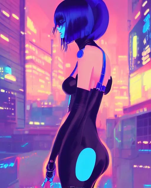 Prompt: digital illustration of cyberpunk pretty girl with blue hair, wearing a black dominatrix outfit, in city street at night, by makoto shinkai, ilya kuvshinov, lois van baarle, rossdraws, basquiat