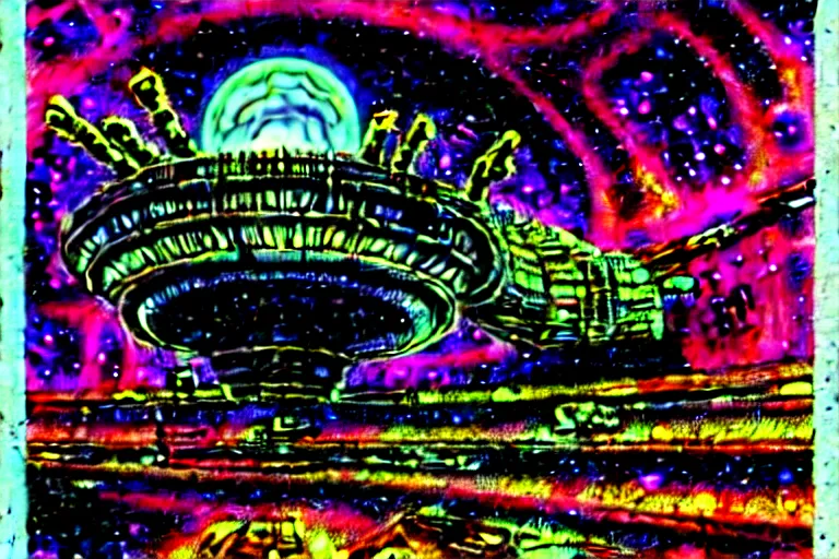 Image similar to philippe druillet, rotting space station drifting in psychedelic nebula, derelict tech, highly detailed