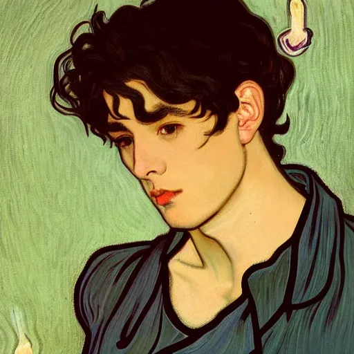 Image similar to painting of young cute handsome beautiful dark medium wavy hair man in his 2 0 s named shadow taehyung and cute handsome beautiful min - jun together at the halloween party, bubbling cauldron, candles, smoke, tarot, autumn colors, elegant, stylized, soft facial features, delicate facial features, art by alphonse mucha, vincent van gogh, egon schiele