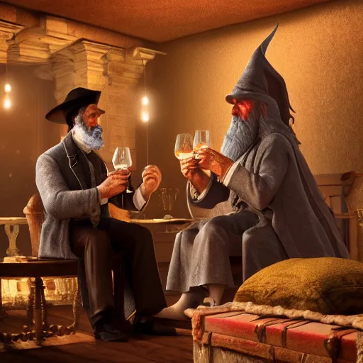 Prompt: abraham lincoln and gandalf drinking wine, fairy tale, stunning, surrounding cinematic light, hyper detailed, ornate and intricate, 4 k cinematic octane render