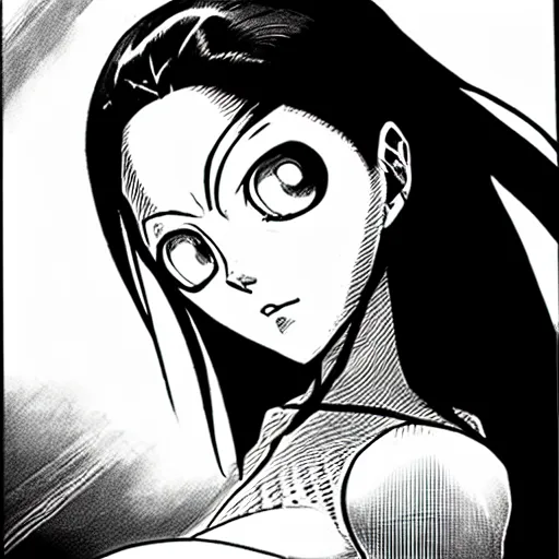 Image similar to alita by yukito kishiro. medium shot. black and white manga. pencil drawing. high detailed face