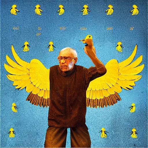 Image similar to an old man with 7 yellow birds as a rock album cover art, medieval fantasy game