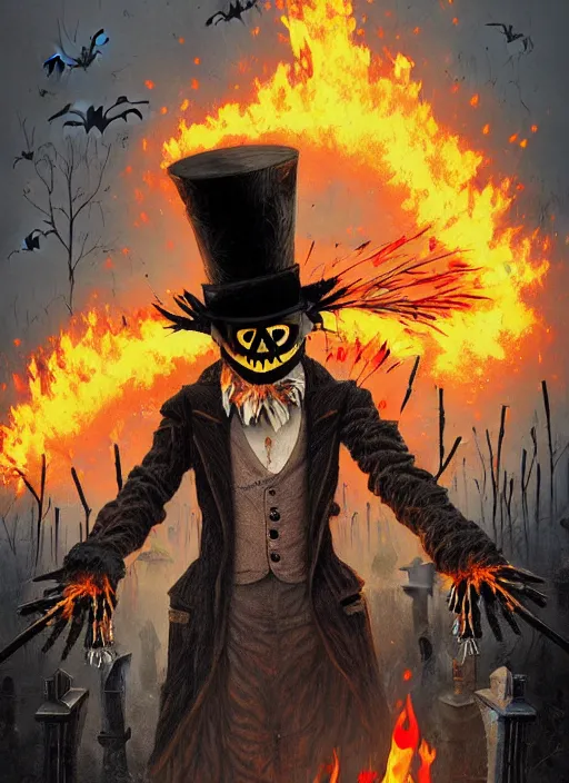 Image similar to a spooky scarecrow holding a match, wearing a top hat in front of an old cemetery on fire by josan gonzalez splash art graphic design color splash high contrasting art, fantasy, highly detailed, art by greg rutkowski