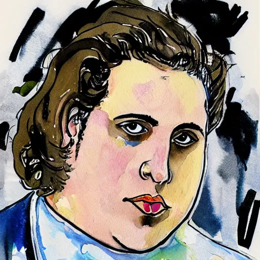 Image similar to jonah hill, stylized. Watercolor and ink. 1980s.