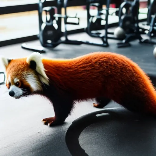 Prompt: a red panda at the gym