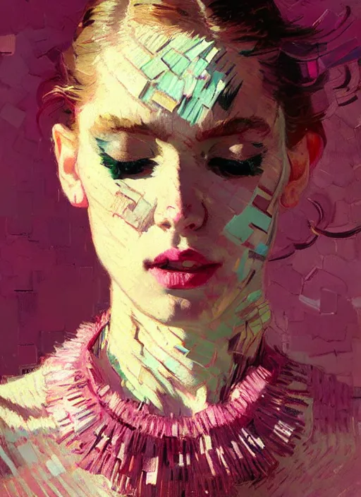 Prompt: portrait of a beautiful girl, necklace, eyes closed, open mouth, shades of pink, beautiful face, rule of thirds, intricate outfit, spotlight, by greg rutkowski, by jeremy mann, by francoise nielly, by van gogh, digital painting