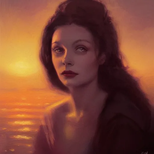 Prompt: a closeup portrait of a young beautiful vivian leigh, lake background, gorgeous view, sunset, film noir, serene, by seb mckinnon, by greg rutkowski, by igor kieryluk, digital art, trending on artstation