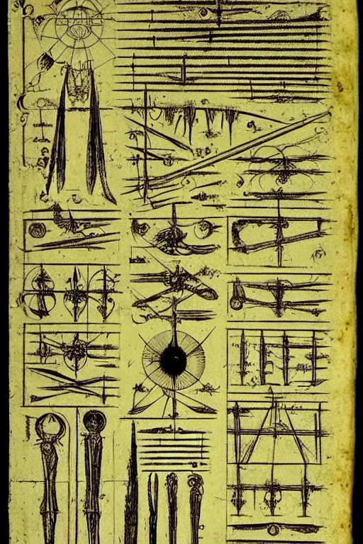 Image similar to design sheet of tools needed to summon a demon in an occult ritual by leonardo da vinci, blueprint page