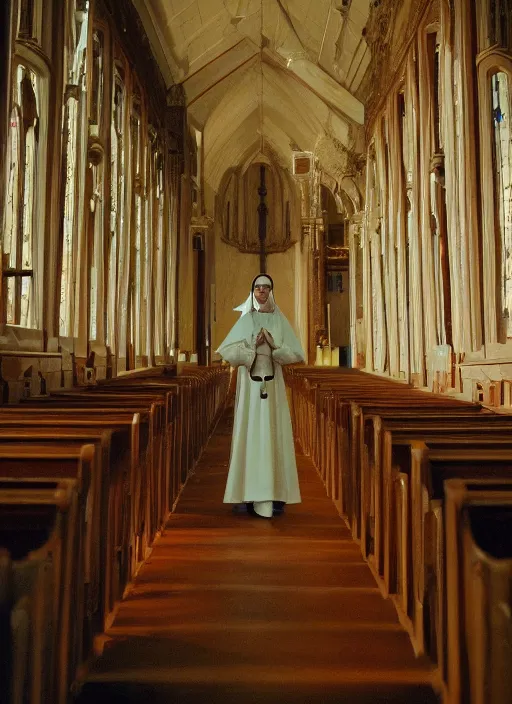 Prompt: film still of Sofia Verga dressed as a nun, revealing nun outfit, church interior, 4k