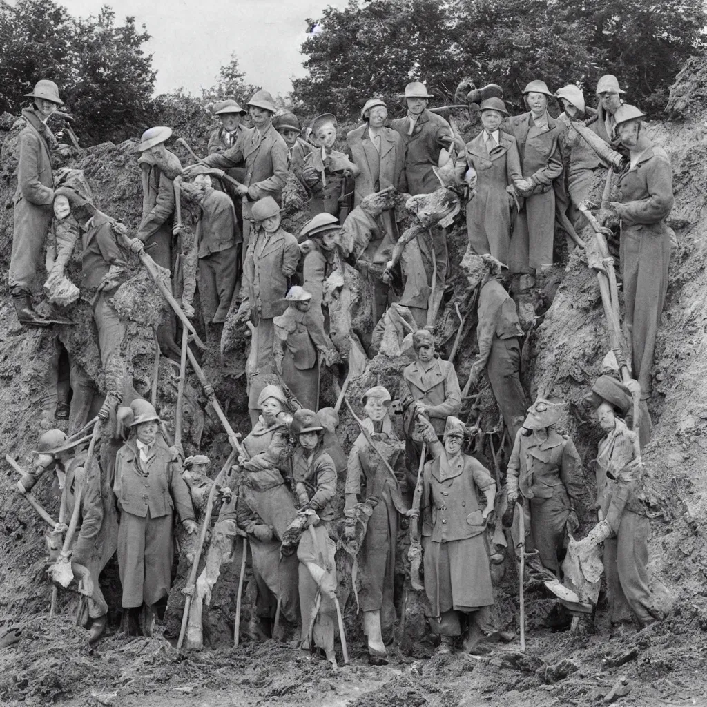 Prompt: a group of badgers in 1 9 4 0 s suits, digging at sutton hoo, standing upright like people, anthropomorphic, style of beatrix potter, rendered as a highly detailed black & white photograph