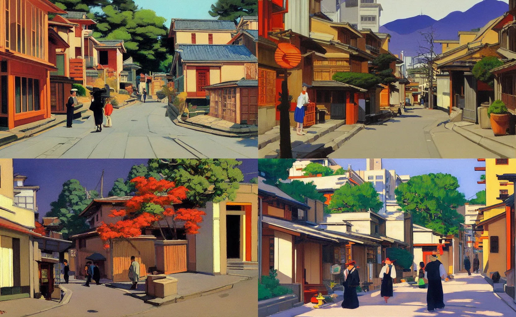 Prompt: a quaint street in Kyoto, painting by Ben Aronson and Edward Hopper