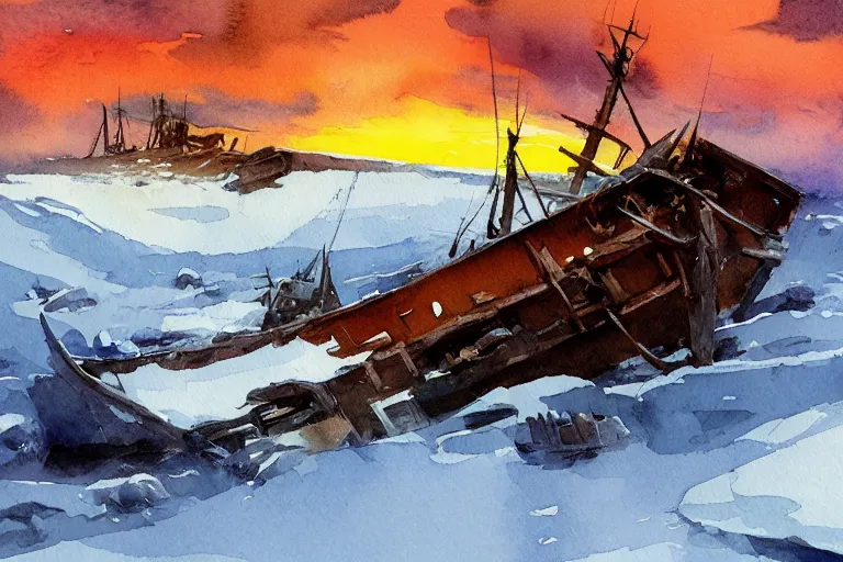 Prompt: small centered on watercolor paper, paint brush strokes, abstract watercolor painting of ancient viking shipwreck in snow, daylight, blue sky, cinematic light, national romanticism by hans dahl, by jesper ejsing, by anders zorn, by greg rutkowski, by greg manchess, by tyler edlin