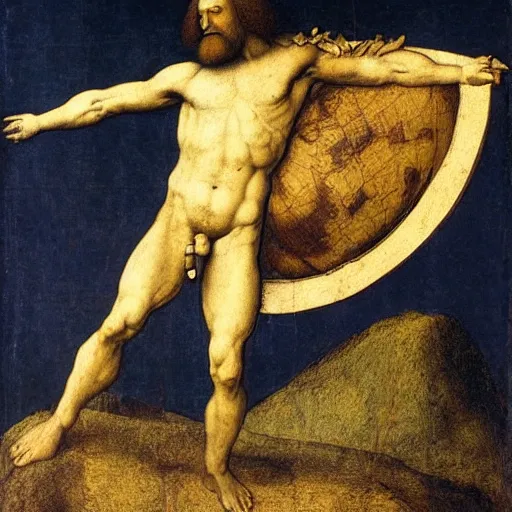 Image similar to atlas holding the world in his back painted by leonardo da vinci