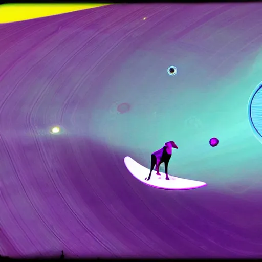 Prompt: purple dog surfing on a surfboard on the rings of Saturn, digital art