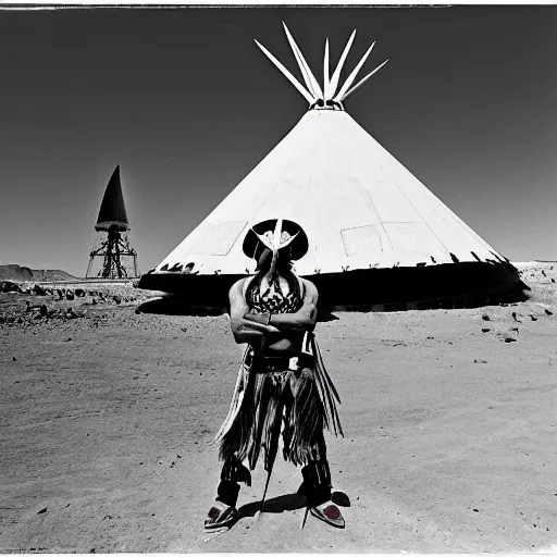 Image similar to portrait of Iroquois warrior standing next to the space ship shuttle crashed in the desert,Indian tipis in the background, black and white old photo, vintage