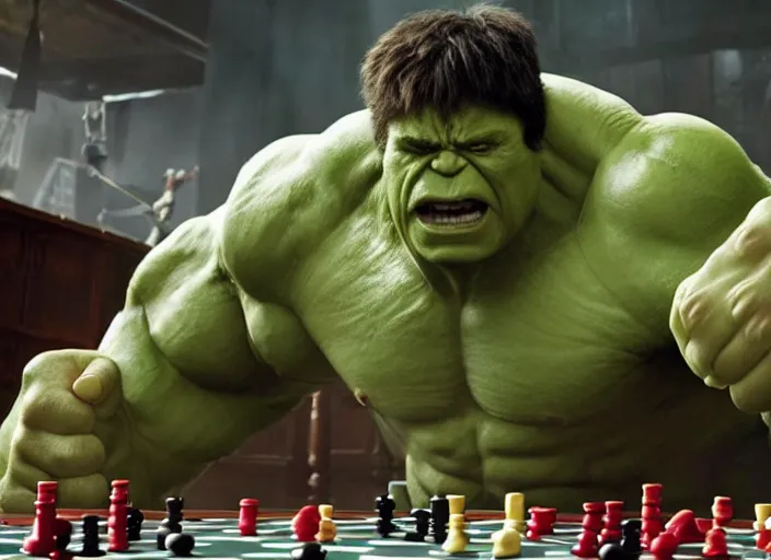 Image similar to film still of hulk playing checkers in the new avengers movie, 4 k