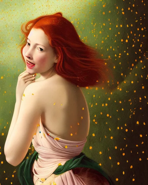 Prompt: a happy, modern looking young woman looking over shoulder, intricate detailed dress, among the lights of golden fireflies and nature, long loose red hair, green eyes, small nose with freckles, triangle shape face, smiling, golden ratio, high contrast, hyper realistic digital art by artemisia lomi gentileschi and caravaggio and artgerm.