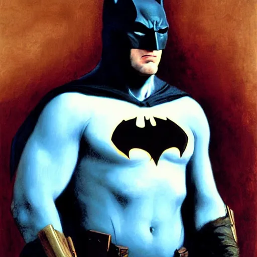 Image similar to Painting of Ben Affleck's Batman. Art by William Adolphe Bouguereau. During golden hour. Extremely detailed. Beautiful. 4K. Award-winning.