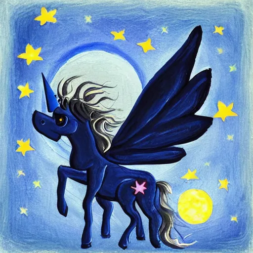 Image similar to A lonely dark-blue unicorn with wings sits on the moon's surface 🎨🖌️