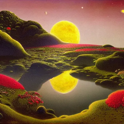 Image similar to a landscape on the moon with many craters, barren moon landscape, in a big crater at the center there is a beautiful flowering garden, 8 k, lowbrow in the style of martin johnson heade and daniel merriam and roger dean,