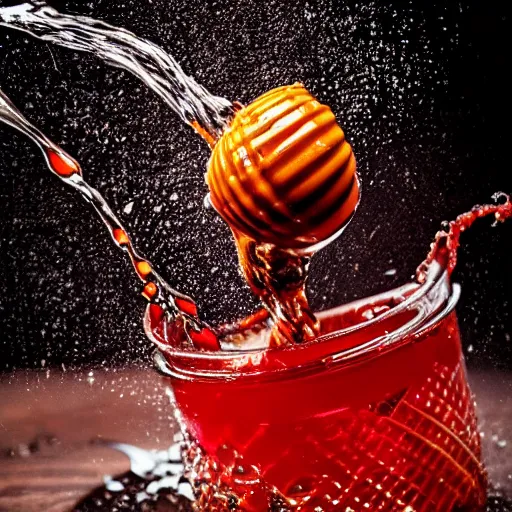 Image similar to honey splashing on crimson - black fork, hyper realistic, award winning slow - motion food photography