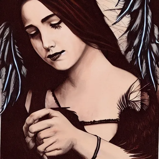 Image similar to young innocent jennifer connelly as innocent gothic beauty with black feathers instead of hair, eyes closed, sad, feathers growing out of skin, in feminine bedroom full of collectible dolls, romantic, comic book cover, vivid, beautiful, illustration, highly detailed, rough paper, dark, oil painting