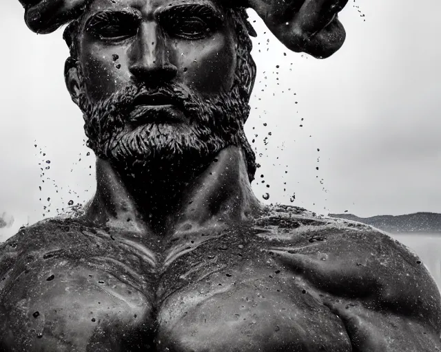 Prompt: a giant abstract sculpture of a legendary greek warrior god on the water, in the style of paige bradley, award winning, cinematic, hyper - realistic, very detailed, realistic water splashes, ray tracing, 8 k resolution, long - shot, sharp focus, low angle, 8 5 mm photograph, wide lens