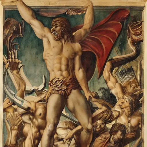 Prompt: The collage depicts the mythical hero Hercules in the moments after he has completed one of his twelve labors, the killing of the Hydra. Hercules is shown standing over the dead Hydra, his body covered in blood and his right hand still clutching the sword that slew the beast. His face is expressionless, betraying neither the exhaustion nor the triumph that must surely accompany such a feat. by Rob Gonsalves harrowing, harrowing