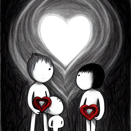 Image similar to teaching, many hearts, friendship, love, sadness, dark ambiance, concept by godfrey blow, featured on deviantart, drawing, sots art, lyco art, artwork, photoillustration, poster art