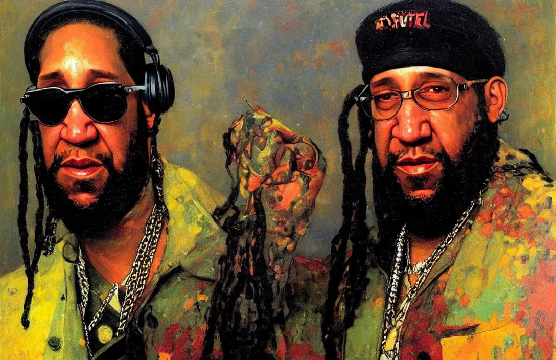 Image similar to portrait of dj kool herc!!!!!!!!!!!!!!!!!!!!!!!!!!!, detailed face, detailed painting, epic lighting, by ilya repin, phil hale and kent williams