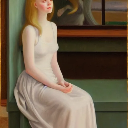 Image similar to Painting of Elle Fanning at the kiln of the first flame, long blonde hair, delicate, pale milky white porcelain skin, by Edward Hopper. 8K. Extremely detailed.