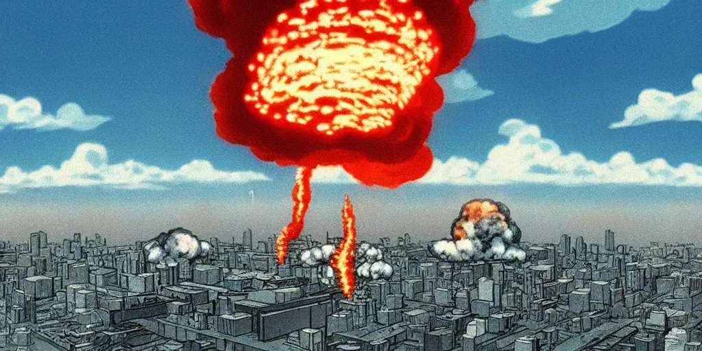 Prompt: a single! mushroom! cloud! formed by an h - bomb! explosion! in the middle of tokyo, highly detailed, gulf war photography, from akira ( 1 9 8 8 ) style, popular on artstation, unreal engine, aerial photo, nvidia graphics,.