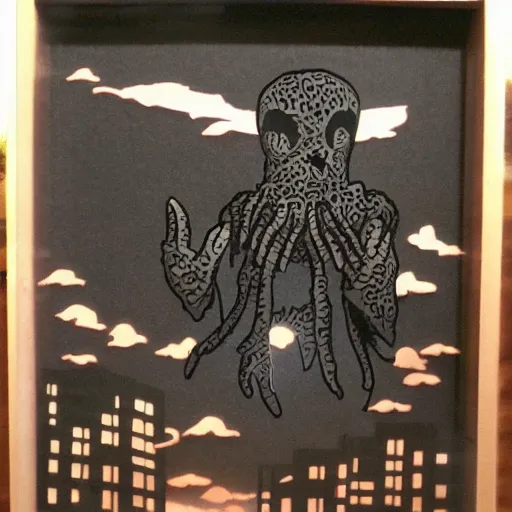 Image similar to ricepaper shadowbox with menacing mind flayer puppet, rampaging silhouette manhattan, backlit