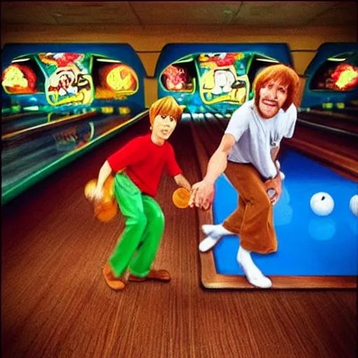 Image similar to “ scoobydoo and shaggy in the big lebowski bowling alley ”