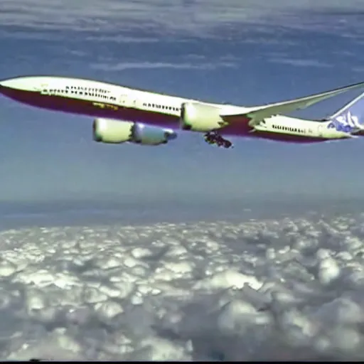 Prompt: vhs footage of a boeing 787 flying in the sky, footage taken from the ground