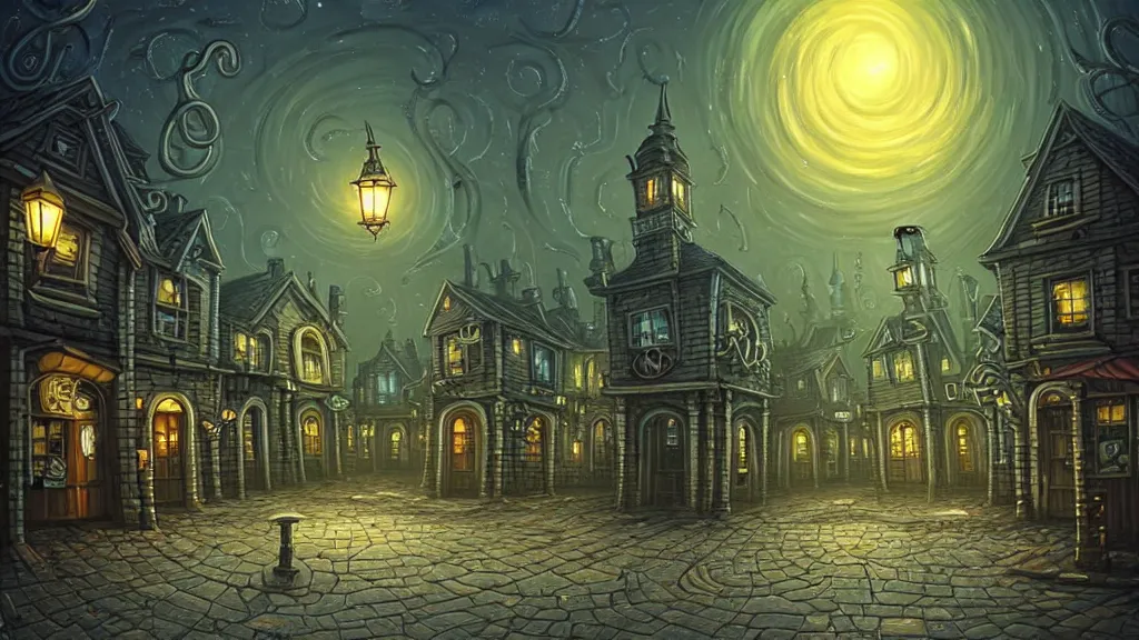 Image similar to empty lovecraftian town square surrounded by houses and inns. lovecraftian city at night by cyril rolando and naomi okubo and dan mumford and ricardo bofill. lovecraft. cobbled streets. oil lamp posts. lovecraftian statues. starry night sky. cthulhu.