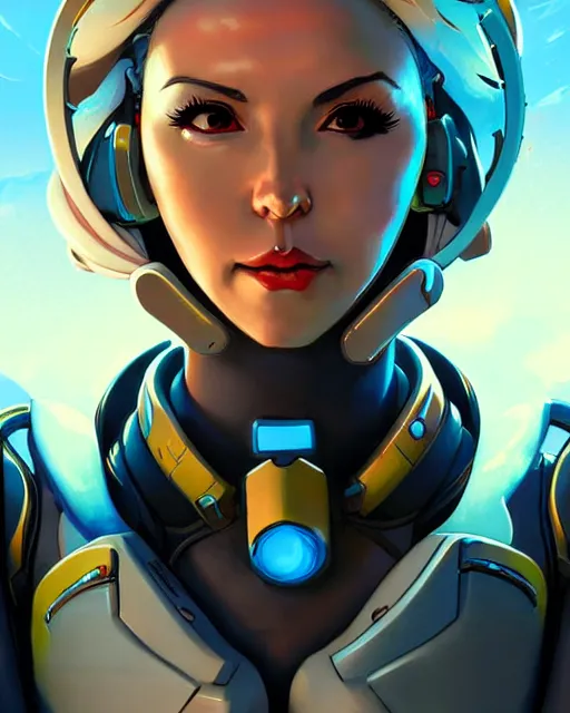 Prompt: mercy from overwatch, character portrait, portrait, close up, concept art, intricate details, highly detailed, vintage sci - fi poster, retro future, vintage sci - fi art, in the style of chris foss, rodger dean, moebius, michael whelan, and gustave dore