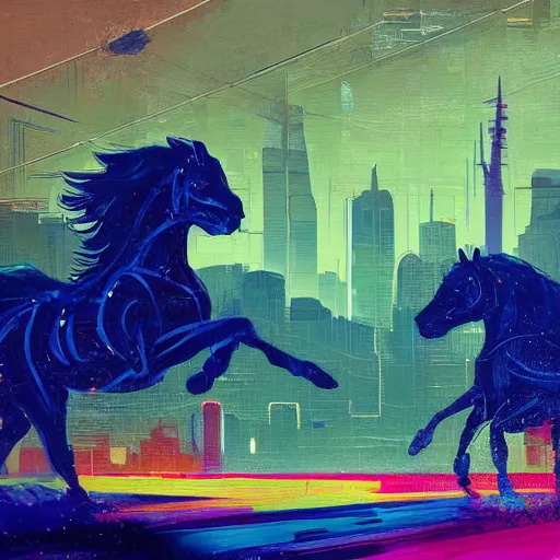 Prompt: 4 0 1 1 6 7 1 9 2 4 a graph style gauche impasto, horses, cyberpunk art by james gilleard, city depth of field, cgsociety, retrofuturism, synthwave, retrowave, outrun, painting, pastel colors, high detail.