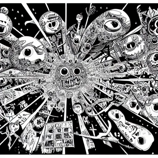 Prompt: black and white trippy comic art of global tourism, drawn by Martin Rowson, Tim Burton, Studio Ghibli, Alex Pardee, Nekro Petros Afshar, James McDermott, cgsociety 4K