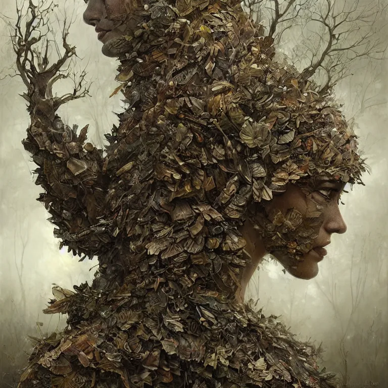 Prompt: realistic armoured tree made of leaves, headdress, depth of field, dusty, old tintype, dramatic light, dystopian environment, intricate, highly detailed, artstation, sharp focus, artgerm, tomasz alen kopera, peter mohrbacher, donato giancola, boris vallejo