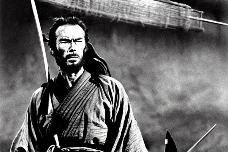 Prompt: clint eastwood as a ronin samurai, in robes, in the movie seven samurai ( 1 9 5 4 ). grainy movie still, high detail, black and white