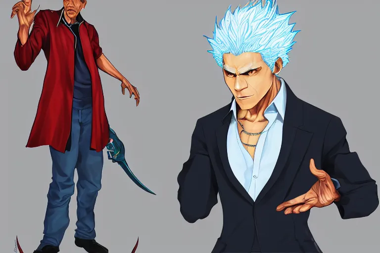 Prompt: Fusion of Barak Obama and Vergil from the game Devil May Cry in the style of Araki Hirohiko, concept art