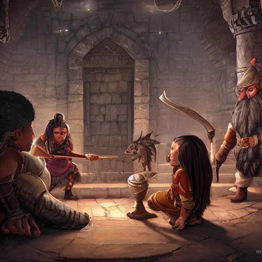 Image similar to A Kender, a Gully Dwarf and a Gnome all walked into a bar in the Lost City of Kharoshe, oil painting, insanely detailed, Larry Elmore, Greg Rutkowski, Charlie Bowater, Fantasy Art, Dungeons and Dragons, Dragonlance Illustration, unreal 5, DAZ, hyperrealistic, octane render, RPG portrait, dynamic lighting, fantasy art, beautiful face