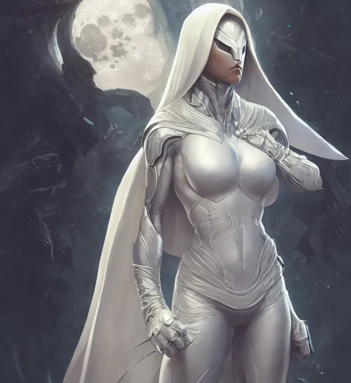 Image similar to female moon knight, hyper detailed, digital art, trending in artstation, cinematic lighting, studio quality, smooth render, unreal engine 5 rendered, octane rendered, art style by klimt and nixeu and ian sprigger and wlop and krenz cushart